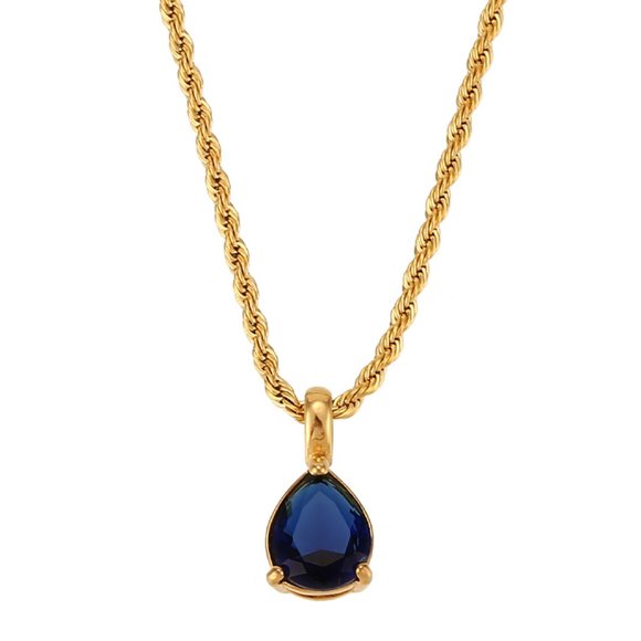 Boutique Jewelry - Navy Blue Royal Zircon Water Drop Pendant Necklace Rope Chain Birth Stone